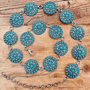 Turquoise Natural Stone Antique Metal Squash Blossom Boho Westen Style Link Belt